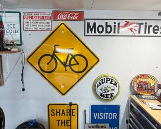 Bicycle Warning Street sign; Mobil Tires sign; 