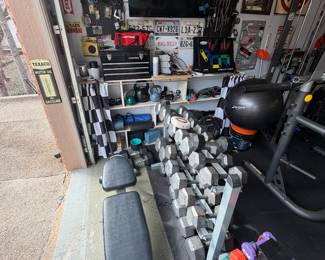 workout bench, two dumbell racks