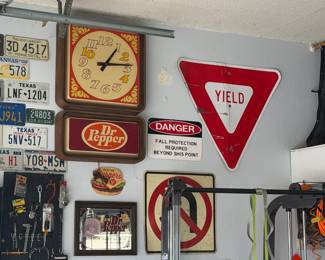 Vintage Dr Pepper Wall Clock; Yield Street Sign; "No U Turn" Street sign; "Danger" safety sign