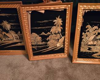 Vintage Asian Straw Bamboo Thatched House Palms Gold Framed Art