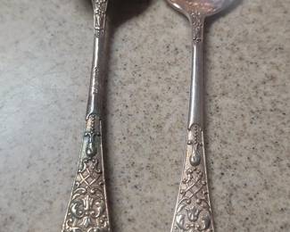 Antique Silver Plated Serving Spoons with Scrollwork and Acanthus Leaf Motif fourth image
