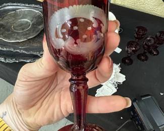 Bohemian Ruby Red Cut to Clear Goblets with Etched Crane Design second image