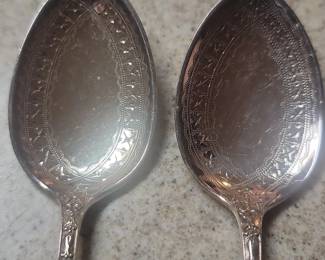 Antique Silver Plated Serving Spoons with Scrollwork and Acanthus Leaf Motif second image