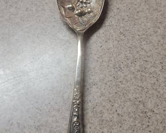 Sterling Silver Berry Spoon with Repouss Floral and Grape Motif by S. Kirk  Son