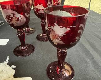 Bohemian Ruby Red Cut to Clear Goblets with Etched Crane Design