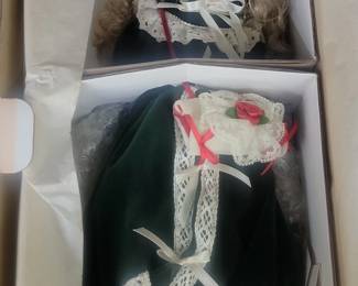 Victorian Doll in Green Velvet Dress with Bonnet