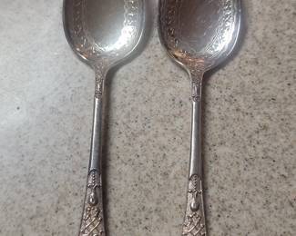 Antique Silver Plated Serving Spoons with Scrollwork and Acanthus Leaf Motif