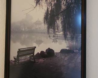 Framed Landscape Photograph of a Misty Garden with Pagoda