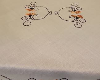 Vintage Hand-Embroidered Tablecloth with Floral Cross-Stitch Motif