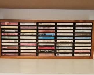 Collection of Classical and Christmas Music Cassette Tapes in Wooden Display Case
