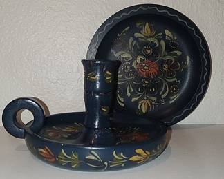 Hand-Painted Wooden Candlestick Holder and Plate with 'HB' Mark