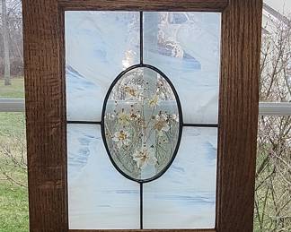 Stained Glass Panel with Dried Wildflowers in Oak Frame