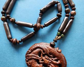 Interesting Carved Asian Dragon Pendant Necklace.