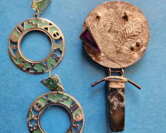 Sterling Earrings by Berebl. Handcrafted Pendant on the Right is signed by the Artist...Dave Stephens. Sterling w/Amethyst/Precious Stone.