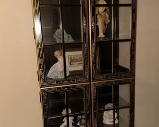 Black Lacquer Chinoiserie Display Cabinet & Matching Wall Mirror w/Gilt Detail ( items in cabinet not for sale).