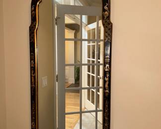 Black Lacquer Chinoiserie Display Cabinet & Matching Wall Mirror w/Gilt Detail.