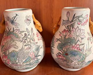 Pair of Chinese Famille Rose Style Lotus Pond Vases with Cranes & Applied Deer Head Handles – 12