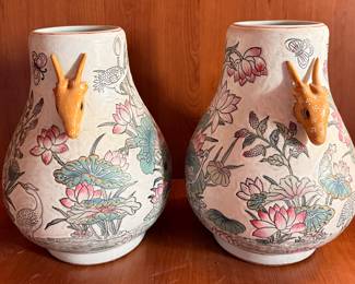 Pair of Chinese Famille Rose Style Lotus Pond Vases with Cranes & Applied Deer Head Handles – 12