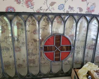 antique Packard ambulance stained glass windows