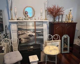 Iron chair set, canvas picture, plant stand, glass candle holders, armoire and more