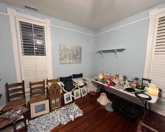 Antique chairs, navy blue directors chairs, Antique tables, crystal candle holders, vases, rugs and so much more