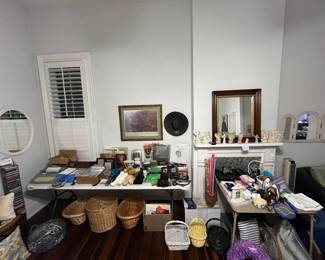 Baskets of all sizes, Cds, cassettes, type writer, picture frames, holidays cards and bags, ceiling fan ,and more