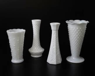 Set of Four Vintage Milk Glass Vases - Anchor Hocking Hobnail and Geometric Patterns
