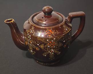 Vintage Moriage Brown Ceramic Teapot with Floral Gilt Decoration