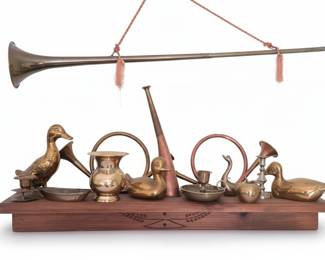 Collection of Brass Decorative Animals and Hunting Horns
