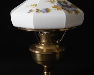 Vintage Aladdin Brass Oil Lamp with Hand-Painted Floral Milk Glass Shade