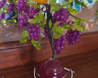 Vintage Beaded Grape Cluster Sculpture with Bird Figurine