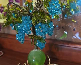 Vintage Beaded Grapevine Tree Sculpture with Bird Figurine
