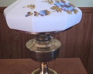 Vintage Aladdin Brass Oil Lamp with Hand-Painted Floral Milk Glass Shade