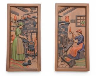 Vintage Ceramic Wall Plaques - Colonial Life Scenes
