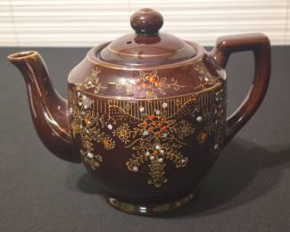 Vintage Moriage Brown Ceramic Teapot with Floral Gilt Decoration