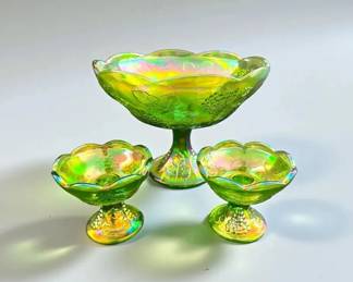 IRIDESCENT Lime Green Carnival Glass 3Pc Harvest