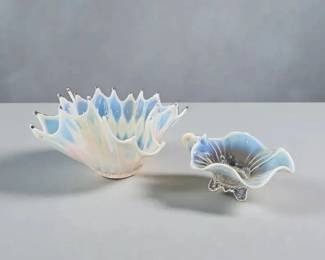 Vintage Opalescent Art Glass Ruffled Bowls, TwoPiece Set