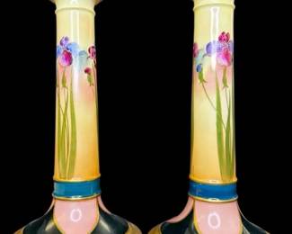 Pair of HandPainted Pickard China Floral Candlesticks, Signed Lino