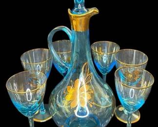 Romanian Blue Glass Decanter Set with Six Stemmed Glasses, HandPainted Gold Floral Decor