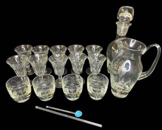 Keno Etched Glass Beverage Set with Pitcher and Assorted Stemware