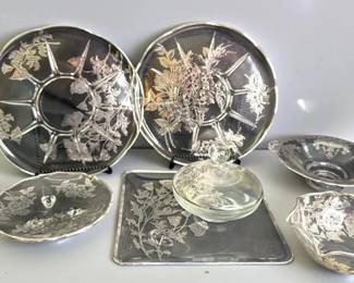 Vintage Silver City Glass Flanders Poppy Sterling Overlay Etched Glass Serving Collection