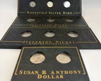 U.S. Coin Type Display with Silver Dimes, Jefferson Nickels Susan B. Anthony Dollars