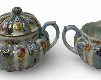 Rare Antique NPSK Nagoya Potteries Creamer Sugar Set Melon Ribbed Meiji Japan