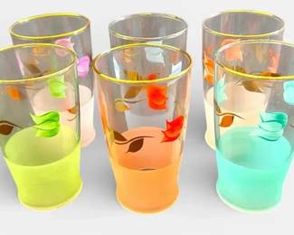Set of Six Vintage HandPainted Cocktail Glasses with Floral Motifs and GoldTone Rim