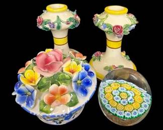 4pc Vintage Italian Group Murano Paperweight, Candlesticks Floral Box