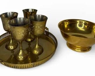 Vintage Brass Barware Set with 4 Etched Goblets, Serving Tray and Pedestal Bowl