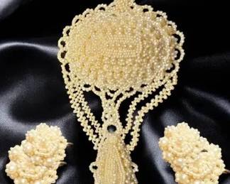 Vintage Seed Pearl Necklace Earrings w MotherofPearl Plaques and Gold Clasp