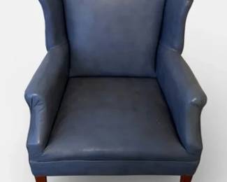 Blue Leather Wingback Arm Chair with Wood Legs