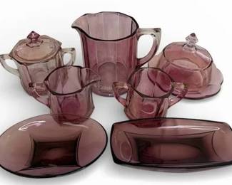 Vintage Amethyst Glass Tableware Lot Pitcher, Creamer, Sugar, Serving Dishes