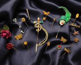 Vintage And Monogramed Stick Pins And Large Decorative Jabot Pin